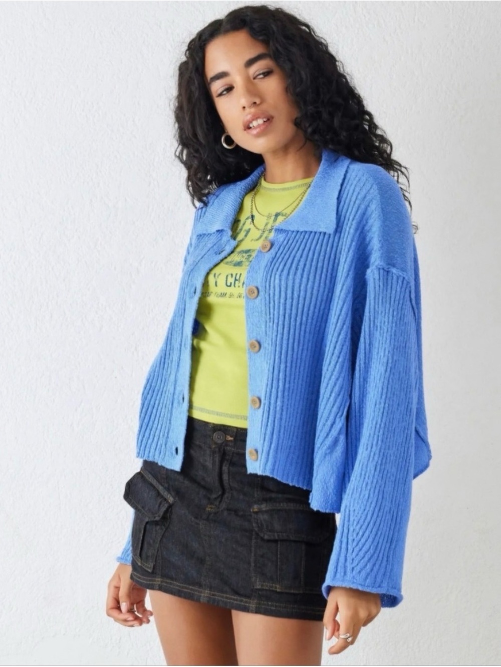 BDG Bright Blue Ribbed Button-Up Cardigan